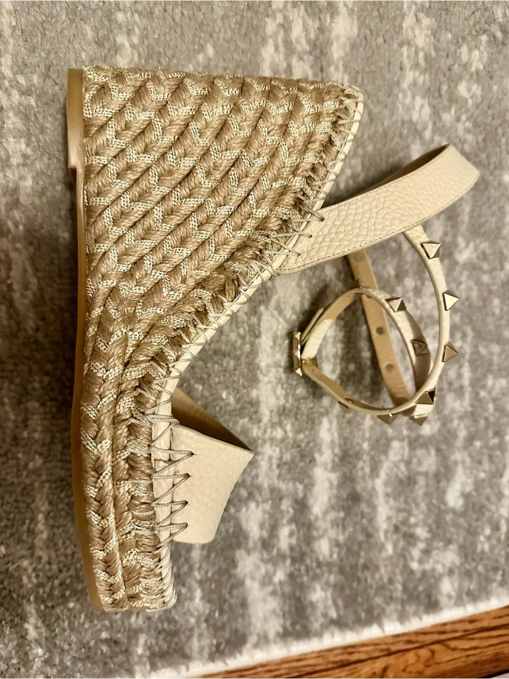 Valentino Ivory Leather Rockstud Ankle-Strap Wedge Sandals